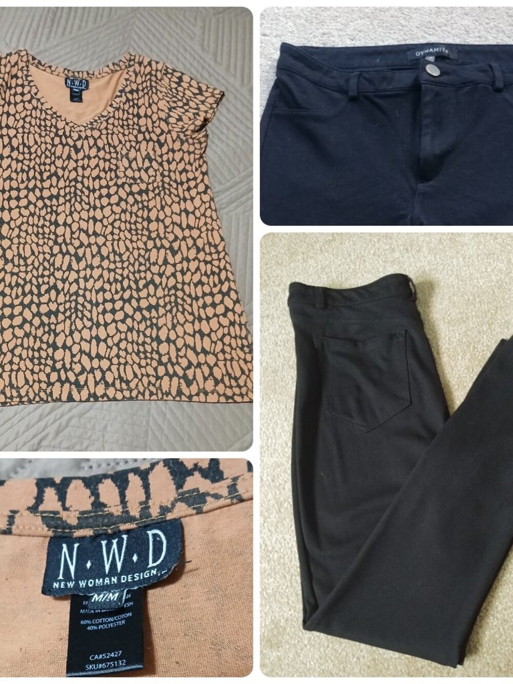 New Woman Design Print Top and Dynamite Stretch Black Pants, Medium Set